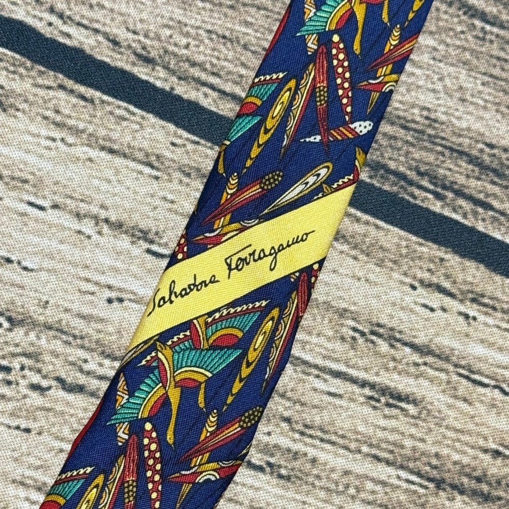 Salvatore Ferragamo Necktie Navy Blue Bird Silk Italian Designer Tie